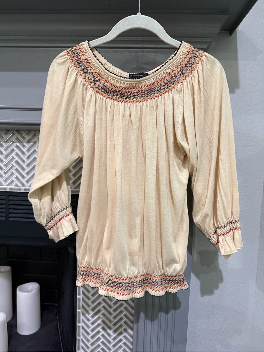 new directions Cream Smocked Peasant Top with Multicolor Stitching